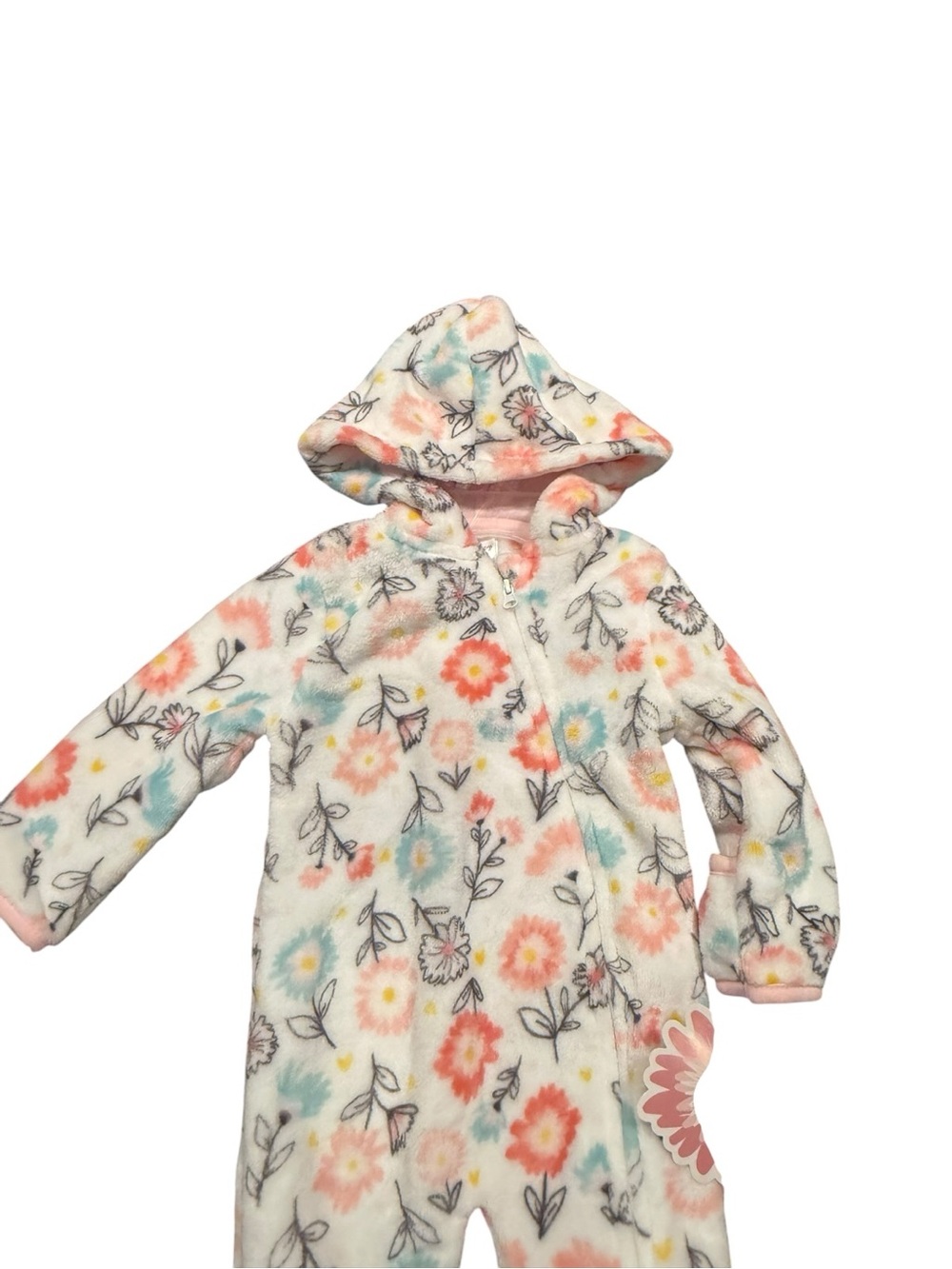 Little Beginnings Baby Girls Floral Hooded Fleece One-Piece Winter Sz 3-6 Months - Picture 2 of 5
